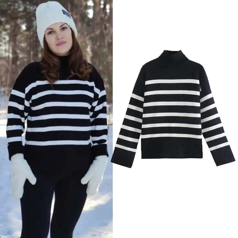 Women's Fashionable Striped Knitted Sweater for Fall/Winter