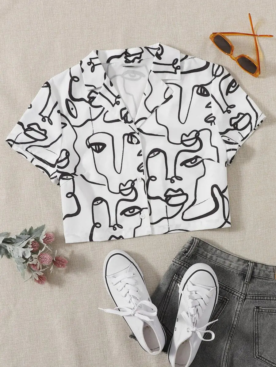 Single Breasted Printed Lapel Mid-Length Shirt