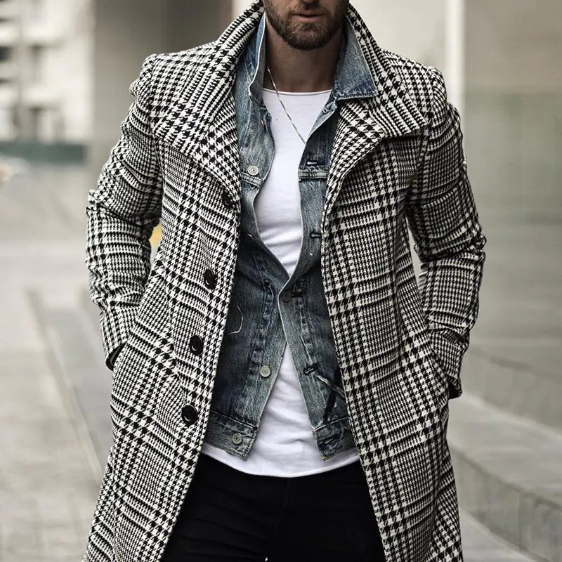 Fashion Plaid Lapel Mid-Length Single-Breasted Coat