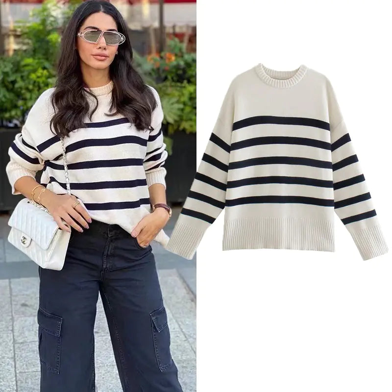 Women's Fashionable Striped Knitted Sweater for Fall/Winter
