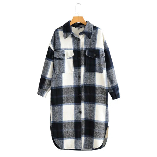 Lapel Single Breasted Long Wool Plaid Coat